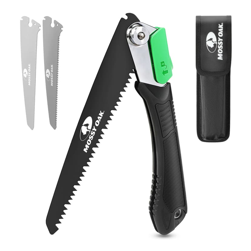 Mossy Oak Pruning Saw, Folding Hand Saw with Secure Lock, 3 Blades Made of Cr-V and 65Mn, for Wood, Bone, PVC, Tree Pruning, Camping, Hunting, Non-Ferrous Metal, Solid TPR Soft Grip and Portable Pouch - 1