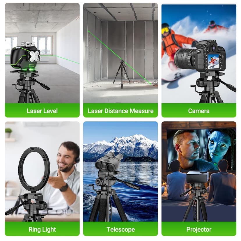 Huepar Lightweight 172cm Adjustable Laser Level Tripod with 3-Way Swivel Pan Head, Portable Handle, Bubble Level, Quick Release Plate with 1/4" Screw Mount & 5/8" UNF Adapter Nut - Camera Tripod T16A - 3