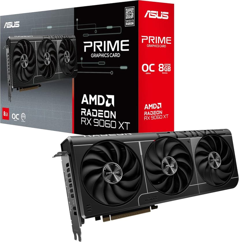 ASUS Prime Radeon RX 9060 XT 8GB GDDR6 OC Edition – Carte Graphique (PCIe 5.0, HDMI, DisplayPort 2.1, 2.5 Slot, Ventilateurs axiaux, revêtement Protecteur PCB, Dual BIOS, GPU Guard) - 1