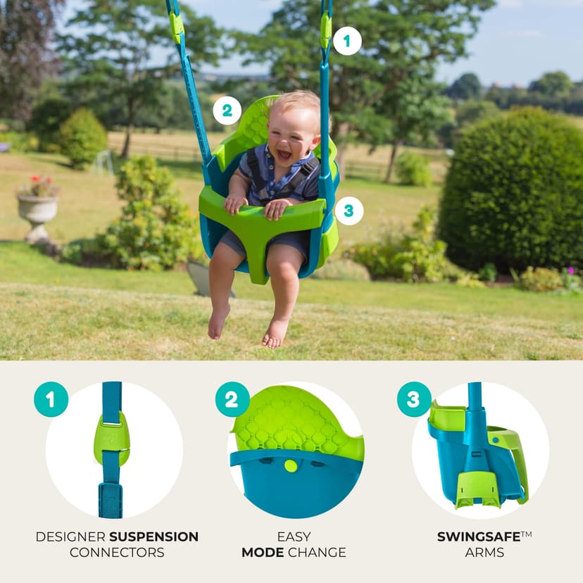TP Toys Fauteuil Bébé Évolutif Quadpod 4 en 1 – Balançoire Bébé de 6 Mois à 8 Ans – Sangles d’Extension pour Portiques Hauts et Bas – Sécurisée et Confortable – Bleu/Vert - 4