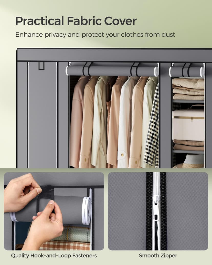 SONGMICS Fabric Wardrobe, Portable Wardrobe for Bedroom, Clothes Rail with Non-Woven Fabric Cover, Clothes Storage Organiser, 45 x 150 x 175 cm, 12 Compartments, Metal Frame, Grey LSF03G - 4