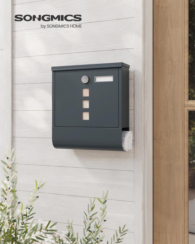 SONGMICS GMB20AG Wall-Mounted Post Box with Lock with Rotating Lid, Viewing Window, Name Holder, Newspaper Compartment, Easy Assembly, 10 x 30.8 x 33.8 cm, Charcoal Grey - 2