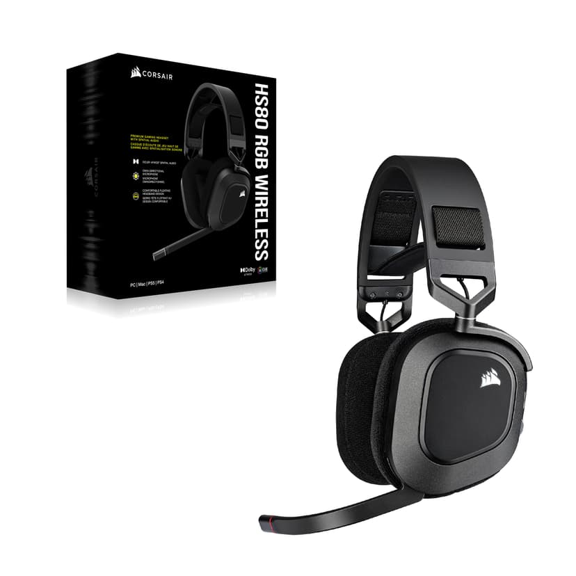 Corsair HS80 RGB Wireless Casque Gaming Premium avec Dolby Atmos Audio (Faible Latence, Microphone Omnidirectionnel, sans Fil Jusqu'à 18 Mètres, 20 Heures d'autonomie, Compatibilité PS5/PS4) Carbone - 9