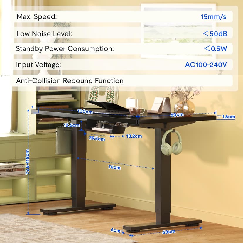 FLEXISPOT Standing Desk, 140 x 80 x (73-123), Electric Height Adjustable, Control Panel with Memory Functions, Teleworking Desk (Black Frame + Maple Table) - 7
