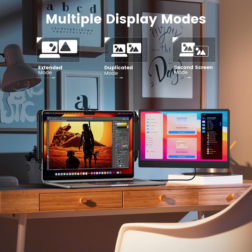 domyfan 14" Laptop Monitor, FHD 1080P IPS Dual Laptop Screen, HDMI/USB-A/Type-C Plug and Play for Windows,Mac,Chrome,Android, Xbox, PS5, Work with 13.3"-17" Laptops - 4