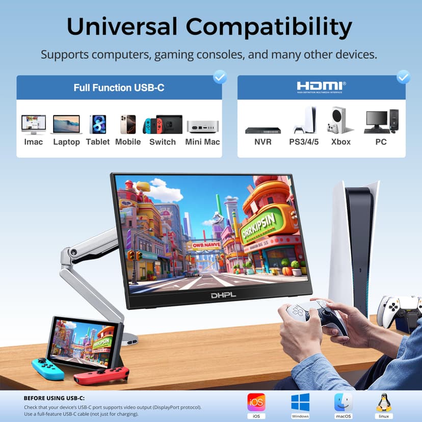 15.6 Inch Portable Display, USB-C Laptop Screen with VESA Compatibility, FHD IPS Secondary Display for Laptop MacBook PC, Ultra-Slim Travel Screen with Protective Cover - 3
