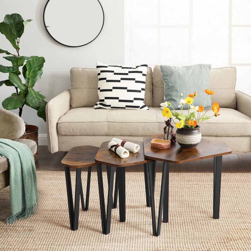 VASAGLE Nesting Coffee Table, Set of 3 End Tables for Living Room, Stacking Side Tables, Sturdy and Easy Assembly, Steel Frame, Industrial Style, Rustic Brown and Black LNT14BX - 2