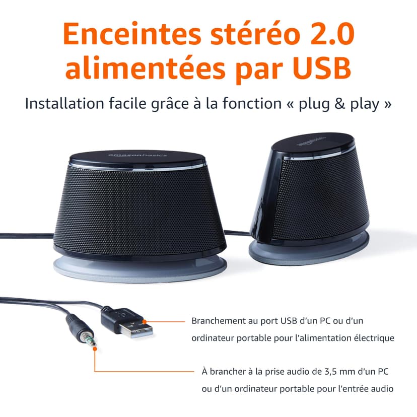 Amazon Basics Haut-parleurs stéréo 2.0 pour PC ou ordinateur portable, entrée auxiliaire 3,5 mm, alimentation USB, 1 paire, noir - 2