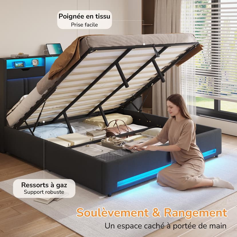 DICTAC Fully Padded Bed 180 x 200 cm with LED Bed Base and USB-C Charging Station – Hydraulic Storage Bed, Headboard with AC+USB Sockets, Slatted Frame for 2 People, Without Mattress - 5