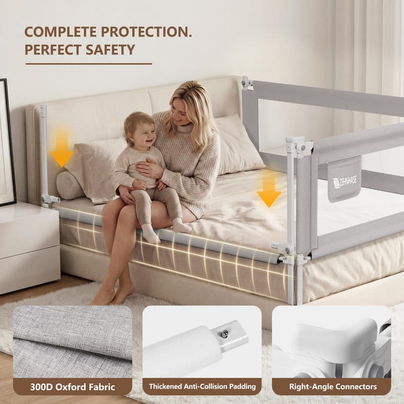 Baby Bed Barrier 140CM, Bed Rail for Children - Anti-fall, Adjustable Height, Easy Installation, Grey, 1pc - 2