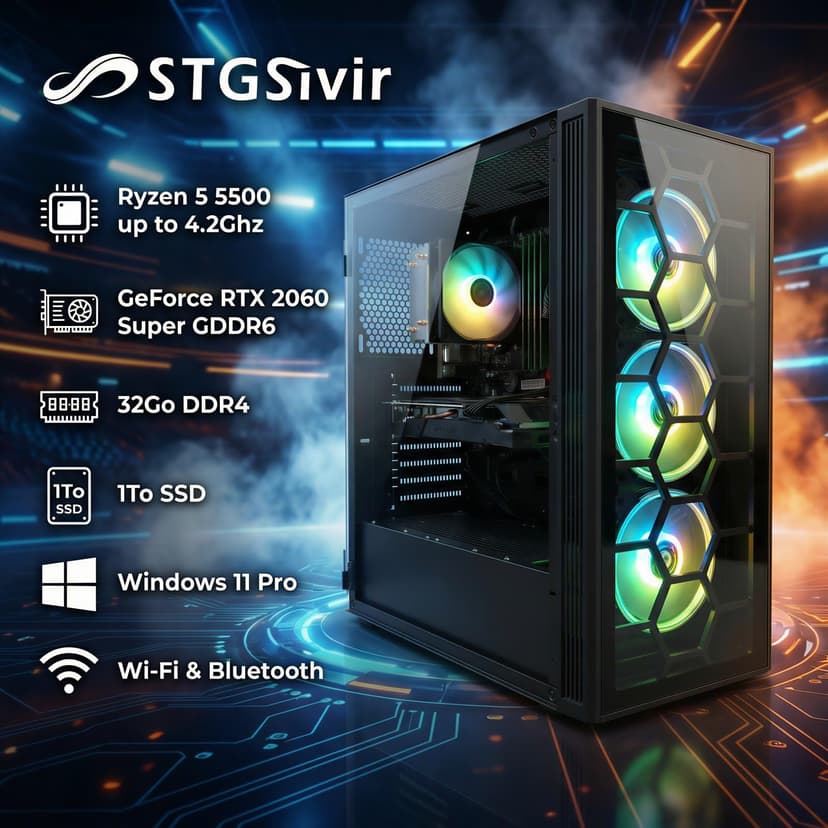 STGsivir Fixed PC Gamer, Gaming Computer, GeForce RTX 2060 Super 8GB GDDR6, Ryzen 5 5500, 32G DDR4, 1T SSD, WiFi 6, BT5.0, RGB Fan x3, PS 600W, Windows 11 Pro - 2