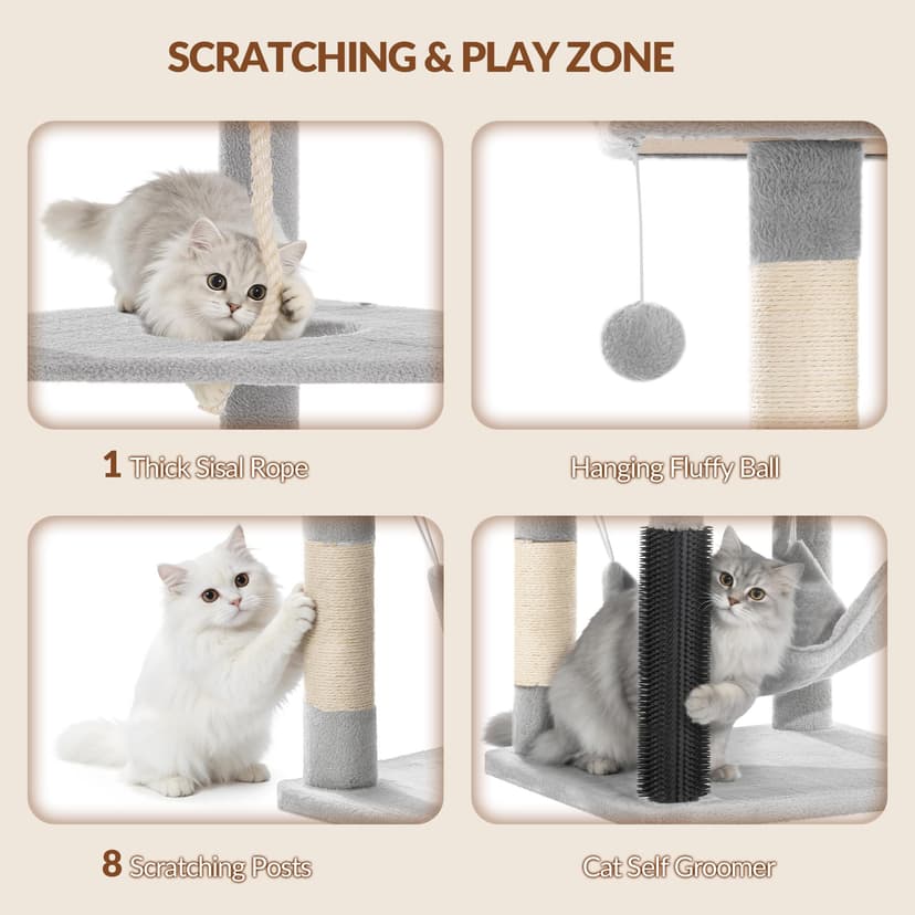 Fobyfurny Large Cat Tree, 220cm Cat Climbing Frame with Large Cave, 3 Top Perches, 8 Sisal Posts, Hammock, Baskets, Grooming Post, Thick Sisal Rope, Play Towers & Trees for Cats, Light Grey FPMS011FG1 - 7