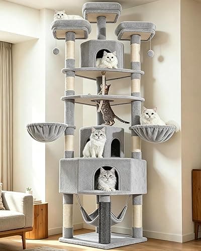 Fobyfurny Large Cat Tree, 220cm Cat Climbing Frame with Large Cave, 3 Top Perches, 8 Sisal Posts, Hammock, Baskets, Grooming Post, Thick Sisal Rope, Play Towers & Trees for Cats, Light Grey FPMS011FG1