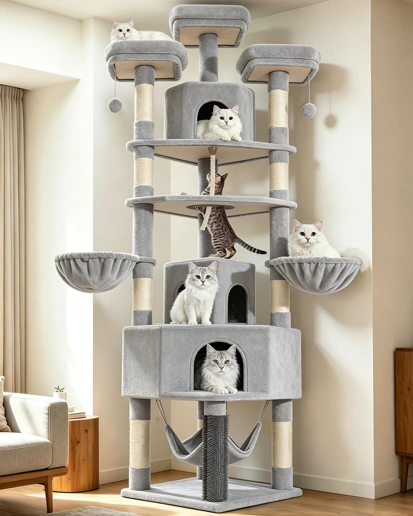 Fobyfurny Large Cat Tree, 220cm Cat Climbing Frame with Large Cave, 3 Top Perches, 8 Sisal Posts, Hammock, Baskets, Grooming Post, Thick Sisal Rope, Play Towers & Trees for Cats, Light Grey FPMS011FG1 - 1