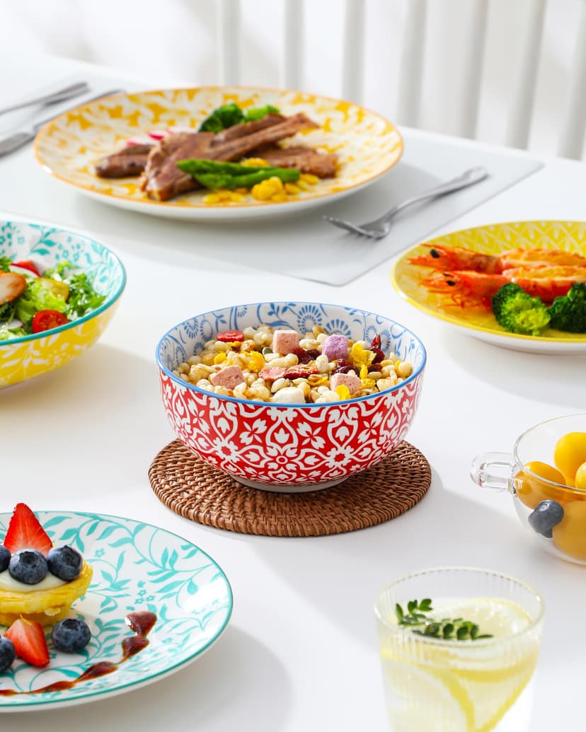 vancasso SELENE Assiettes Service de Table pour 6 Personnes, 24 Pièces, Vaisselle en Porcelaine Pastel - 6 Assiette Plate, à Dessert, Creuses et Bols - Adapté au Micro-Ondes - Style Floral Coloré - 6