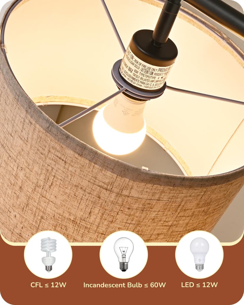 EDISHINE Floor Lamp Living Room, Arch Lamp with Beige Linen Lampshade, E27 Socket, 160 cm Black Floor Lamp with Adjustable Shade for Bedroom, Children's Room - 7