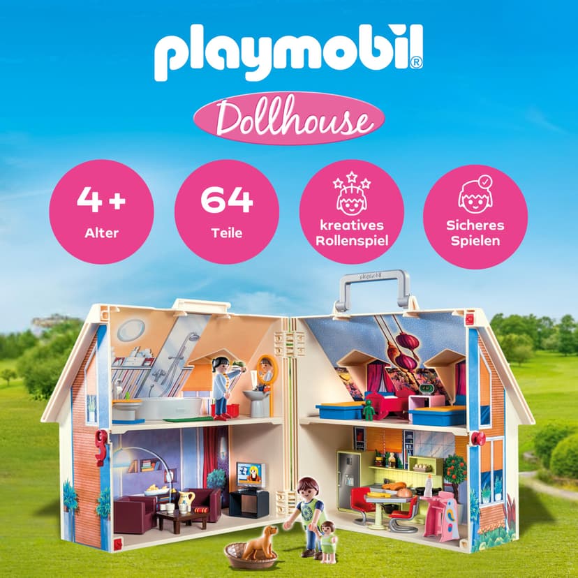 Playmobil 70985 Maison transportable - Dollhouse - avec Trois Personnages, Salle de Bains, Chambre, Salon et Cuisine - Tout équipée - La Maison Traditionnelle - s'ouvre s'emporte Partout - Dès 5 Ans - 3
