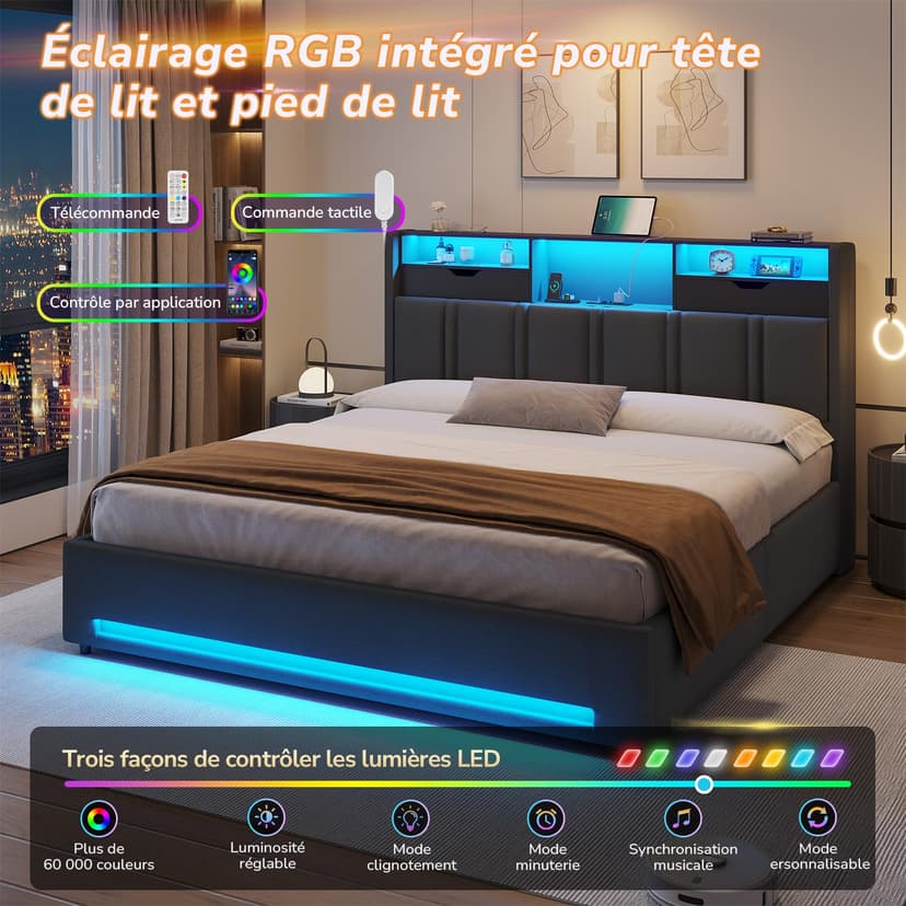 DICTAC Fully Padded Bed 180 x 200 cm with LED Bed Base and USB-C Charging Station – Hydraulic Storage Bed, Headboard with AC+USB Sockets, Slatted Frame for 2 People, Without Mattress - 3