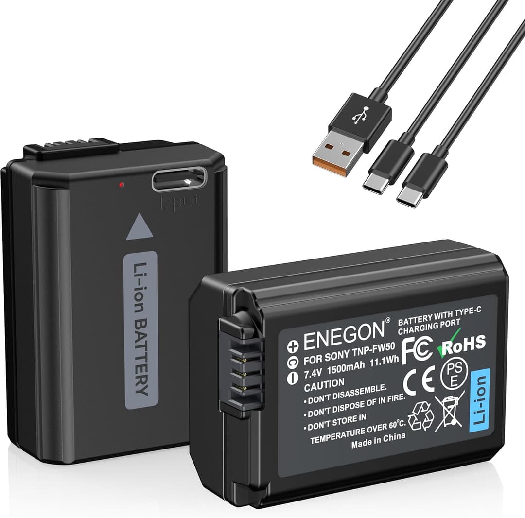 ENEGON NP-FW50 Direct Charge Replacement Batteries 1500mAh (2-Pack) with 2-in-1 USB-C Charging Cable for Sony ZV-E10,NEX 3/5/7&SLT-A Series,Sony A7, A7SII, A7R, A7RII,A3000,A6000,A6500,A6300,A64000