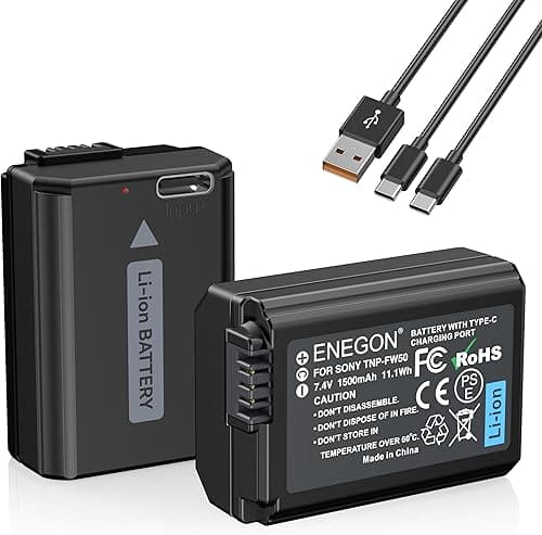 ENEGON NP-FW50 Direct Charge Replacement Batteries 1500mAh (2-Pack) with 2-in-1 USB-C Charging Cable for Sony ZV-E10,NEX 3/5/7&SLT-A Series,Sony A7, A7SII, A7R, A7RII,A3000,A6000,A6500,A6300,A64000