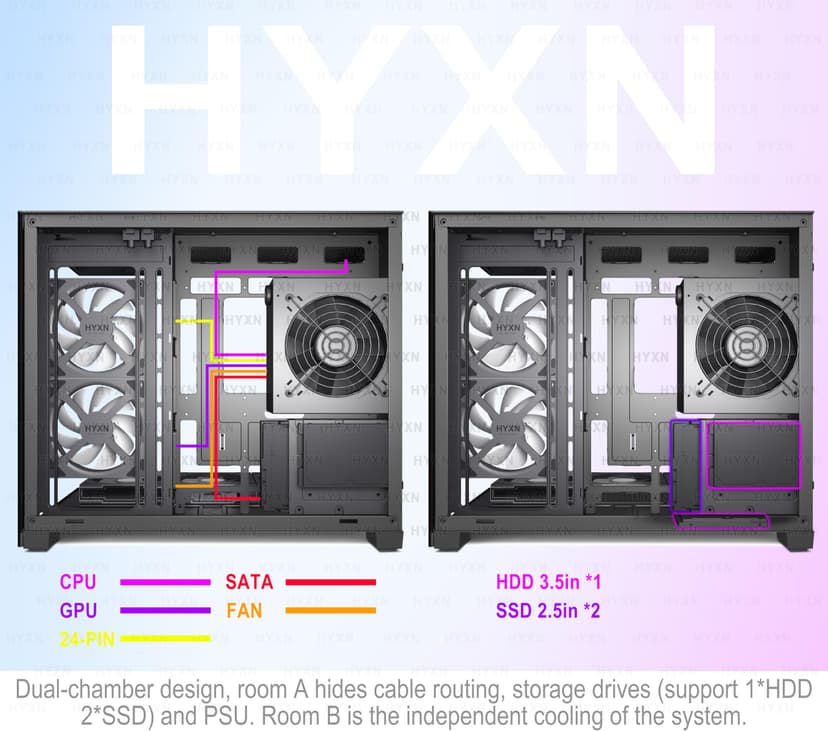 H3 ATX PC Case - Pre-Installed 6 Infinity Mirror PWM ARGB Fans, Compact ATX Dual Chamber Mid Tower Gaming PC Case, with Type-C 3.2 (Black, H3) - 8