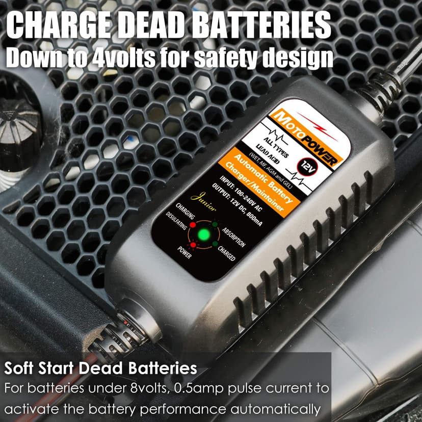 MOTOPOWER MP00205A 12V 800mA Fully Automatic Battery Charger/Maintainer for Cars, Motorcycles, ATVs, RVs, Powersports, Boat and More. Smart, Compact and Eco Friendly - 2
