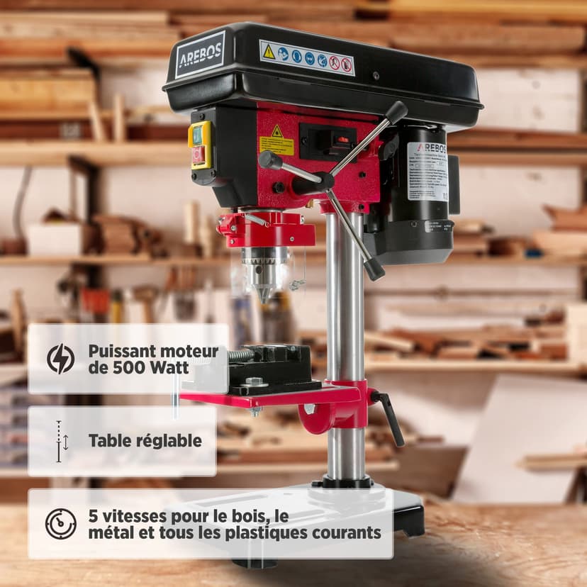 Arebos Perceuse à colonne 500 W | Avec système d'alignement laser | Réglage de table : 45 degrés – 0 – 45 degrés | 5 Vitesses différentes | Plage de Serrage: 1,5-13 mm - 2