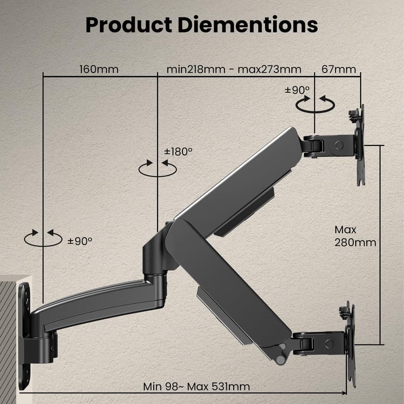 IMtKotW Monitor Wall Mount 2 Monitors for 17-32 inch Flat & Curved Screens, 9kg/arm, Ergonomic Height Adjustable Tilt/Swivel and Rotate, VESA 75x75/100x100 Monitor Mount Wall - 7