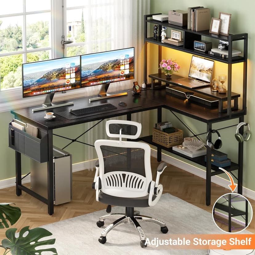 iSunirm L Shaped Gaming Desk with Power Outlets & LED Lights, Small L- Shaped Computer Corner Desk with Monitor Stand & Storage Shelf, Gaming Table with Storage Bag, Black - 6