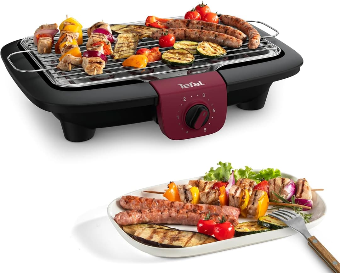 Tefal BG90E5 Easygrill Adjust Elektro- Tischgrill | 2300 Watt | 720 cm² Grillfläche | Einfache Reinigung | Schwarz/ Burgunderrot