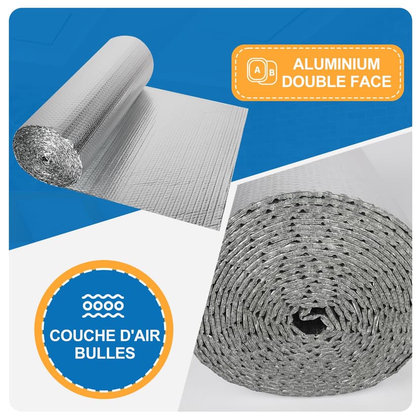 Isolant Thermique 0,6x10M, Rouleau Film Aluminisé a Bulles Double Face 4mm Résistant pour Réflecteur de Chaleur et de Froid, Idéal pour Radiateur, Mur, Voiture, Fenetre - 2