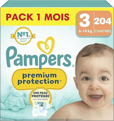 Pampers Couches Premium Protection Taille 3 (6-10 kg), 204 Couches Bébé, Pack 1 Mois, Notre N°1 Pour La Protection Des Peaux Sensibles