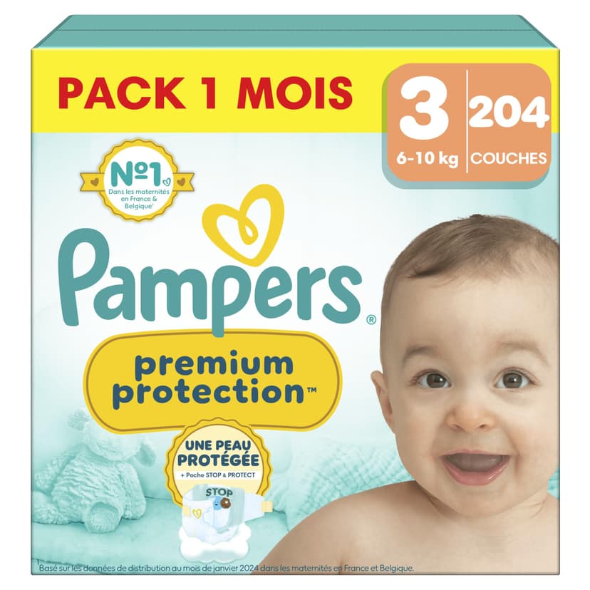 Pampers Couches Premium Protection Taille 3 (6-10 kg), 204 Couches Bébé, Pack 1 Mois, Notre N°1 Pour La Protection Des Peaux Sensibles - 1