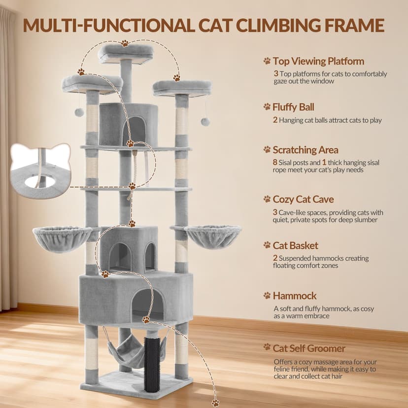 Fobyfurny Large Cat Tree, 220cm Cat Climbing Frame with Large Cave, 3 Top Perches, 8 Sisal Posts, Hammock, Baskets, Grooming Post, Thick Sisal Rope, Play Towers & Trees for Cats, Light Grey FPMS011FG1 - 2