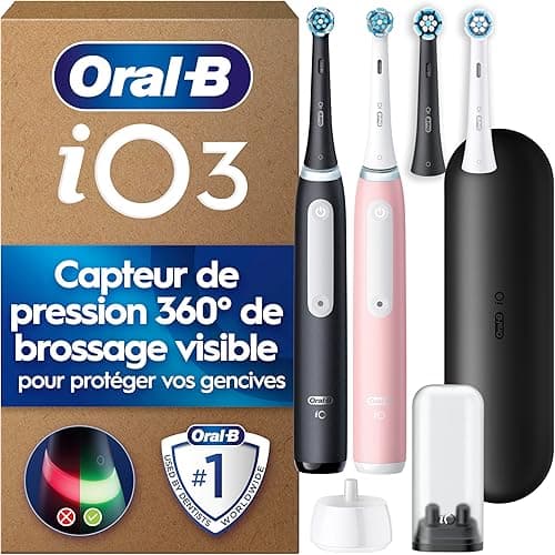Oral-B Brosse A Dents iO 3, Pack Duo, Manches Noire Et Rose, 5 Modes De Brossage Dont Blancheur Et Soin De Gencives, Capteur De Pression, 4 Brossettes Oral B De Rechange, Etui De Voyage