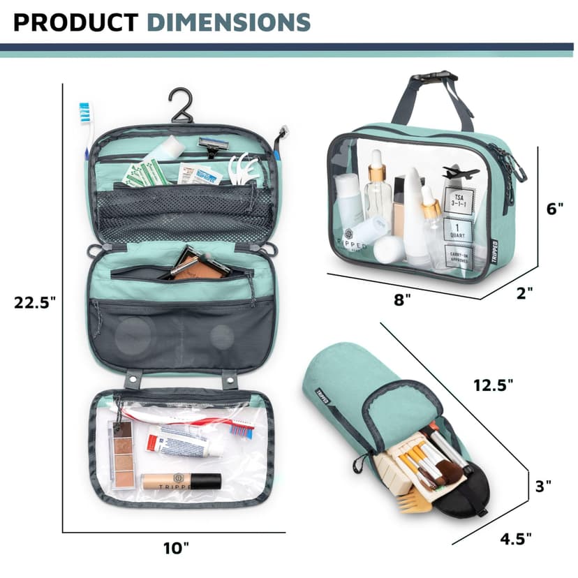 Toiletry Bag Kit Set: Hanging Travel Toiletry Bag + 311 TSA Cosmetic Liquid Bag + Ultralight Accessory Organizer Pouch, Turquoise, 3 Piece Toiletry Set - 3