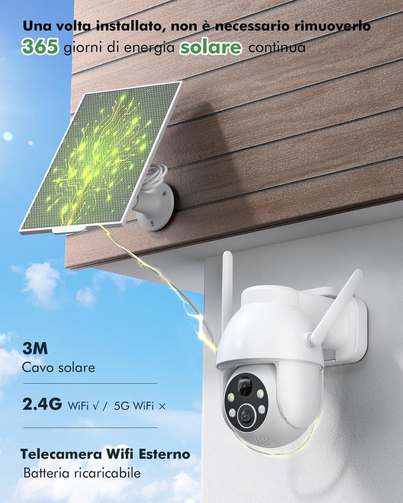 YESYAMO 2K Wireless Solar WiFi Surveillance Camera, 2.4GHz Solar Outdoor Camera with Solar Panel, 360° PTZ, Night Vision, Two-Way Audio, PIR Siren (White) - 2