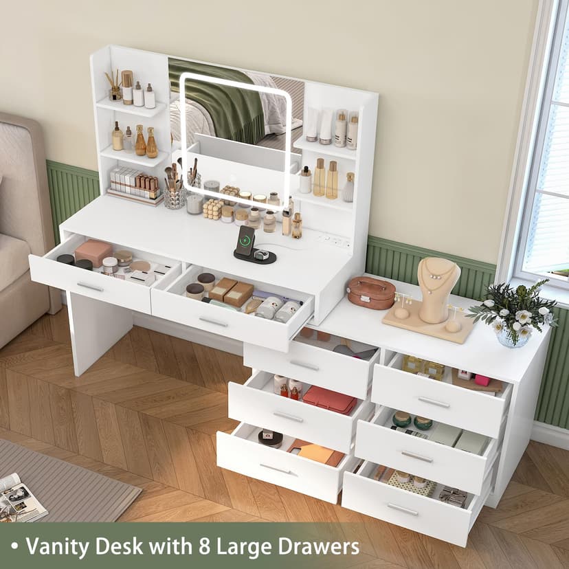 TEENFON Dressing Table with LED Light Mirror & Power Outlet, Vanity Table Makeup Desk with 8 Drawers and 6 Storage Shelves, 3 Color Modes & Adjustable Brightness Vanity desk, L Shape Change, White - 2