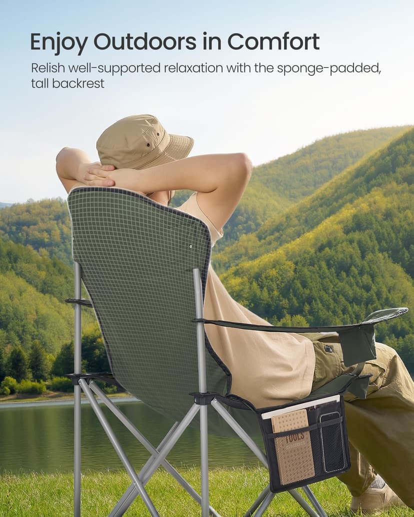 SONGMICS Set of 2 Camping Chairs, Folding Outdoor Chairs with Wide Seat and High Back, Portable Garden Picnic Chairs with Cup Holder, Phone Holder and Side Pocket, Green and Grey GCB005CD01-2J - 4