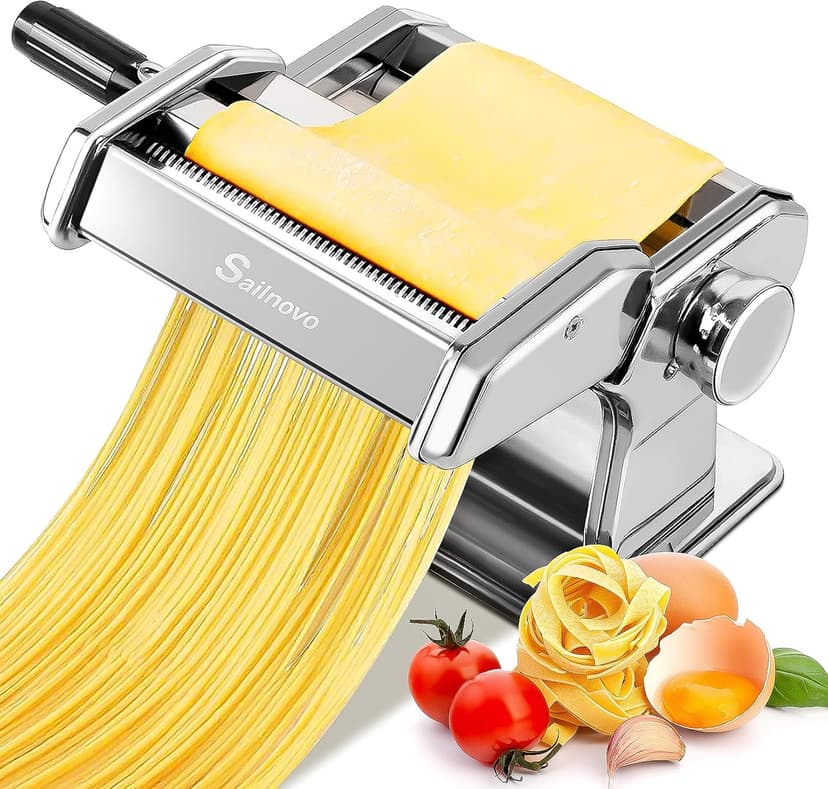 Sailnovo 3-in-1 Stainless Steel Pasta Machine - 9 Adjustable Thickness Settings, 2 Width Cutters, 180 Aluminium Alloy Pasta Roller, Pasta Maker for Fresh Pasta, Spaghetti, Lasagne & Dumplings, Silver - 1