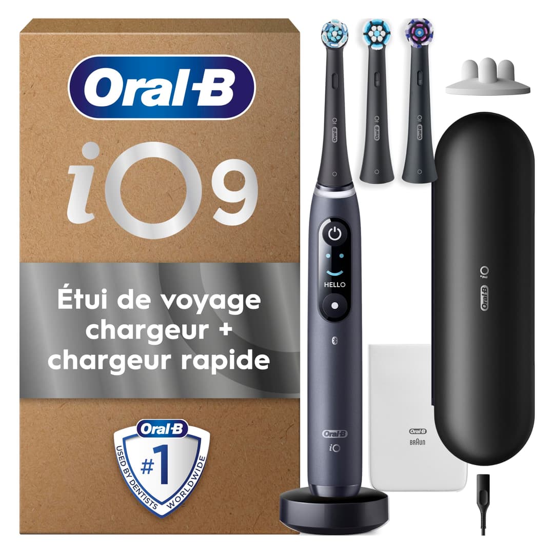 Oral-B iO9 Black Electric Toothbrush, 3 Brushes, 1 Travel Case Charger, 1 Pouch, 1 Brush Holder