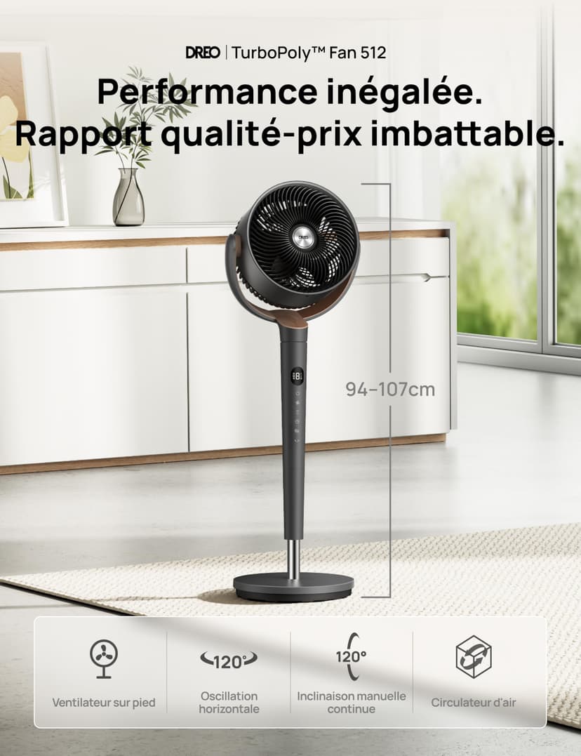 DREO ventilateur sur pied très silencieux avec télécommande, ventilateur grand format 20 dB avec moteur CC, oscillation 120°, 3 modes, hauteur réglable 94–107 cm, ventilateur de sol TurboPoly™ 512 - 2