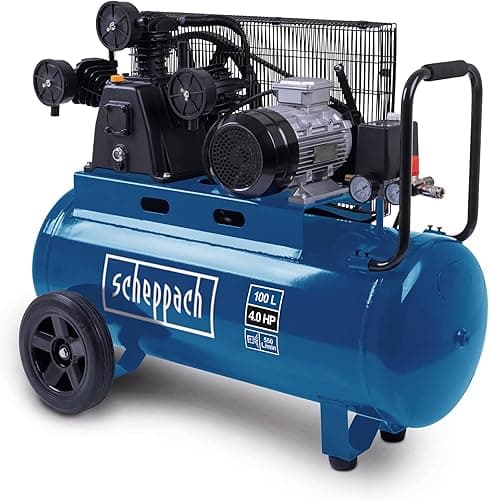 Scheppach Compresseur à air HC550TC – 400 V – 3000 W / 3 PS – Tri-cylindres – Cuve 100 L – 10 bar – Entraînement par courroie – Puissance d'aspiration 550 L/min – Transport facile