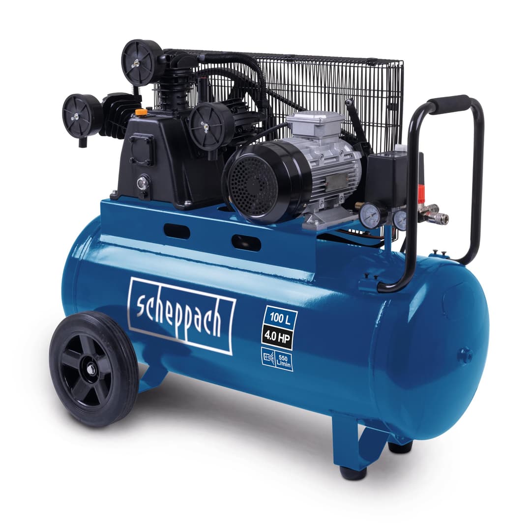 Scheppach Compresseur à air HC550TC – 400 V – 3000 W / 3 PS – Tri-cylindres – Cuve 100 L – 10 bar – Entraînement par courroie – Puissance d'aspiration 550 L/min – Transport facile