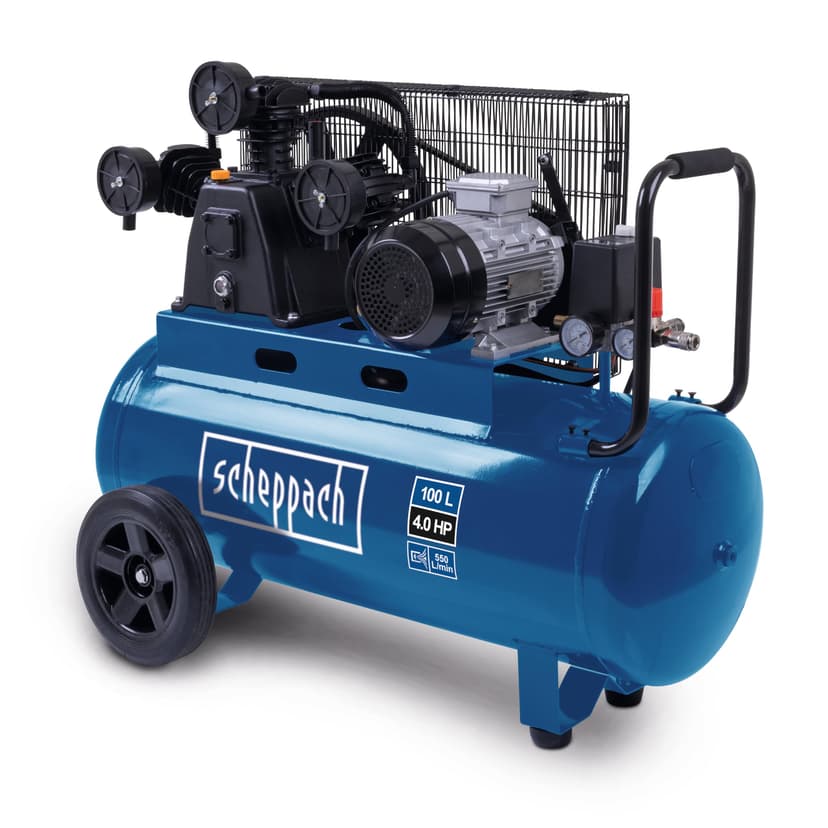 Scheppach Compresseur à air HC550TC – 400 V – 3000 W / 3 PS – Tri-cylindres – Cuve 100 L – 10 bar – Entraînement par courroie – Puissance d'aspiration 550 L/min – Transport facile - 1