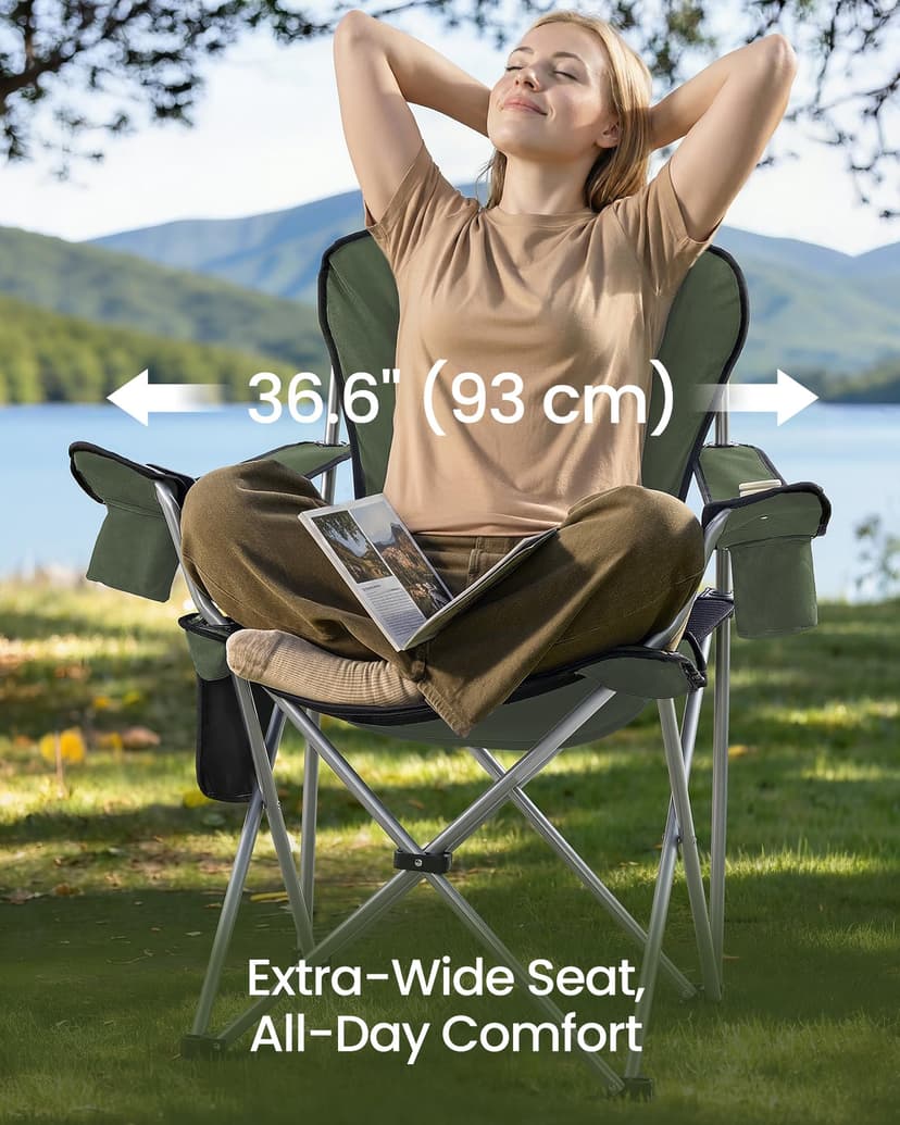 SONGMICS Set of 2 Camping Chairs, Folding Outdoor Chairs with Wide Seat and High Back, Portable Garden Picnic Chairs with Cup Holder, Phone Holder and Side Pocket, Green and Grey GCB005CD01-2J - 3