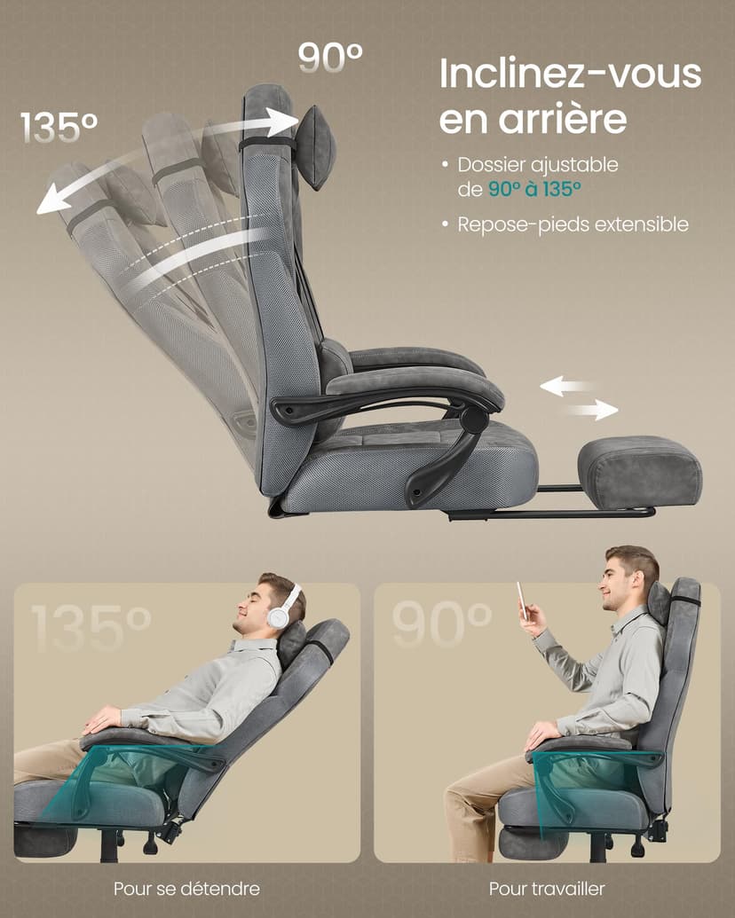 SONGMICS Chaise de Jeu, Chaise d'Ordinateur, Ergonomique, avec Repose-Pieds, Coussin de Tête Ajustable, Support Lombaire, Capacité de Charge de 150 kg, Gris Ardoise OBG077G01 - 6