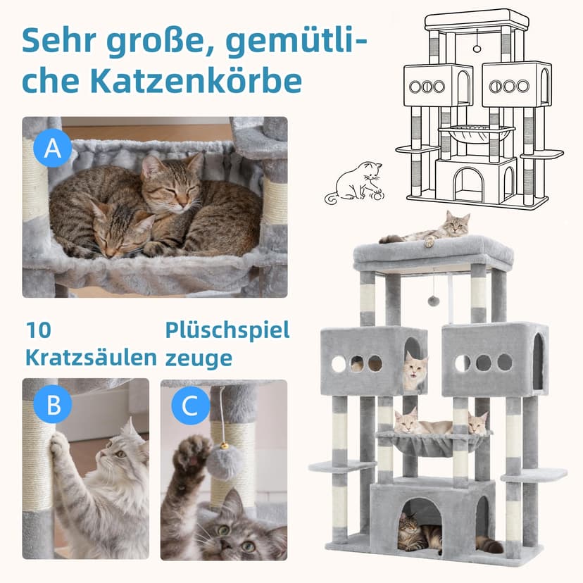Hey-brother EMPJ083W 146 cm Stable Cat Tree with Toys, Cave, 3 Platforms, 2 Cat Baskets, Light Grey - 5