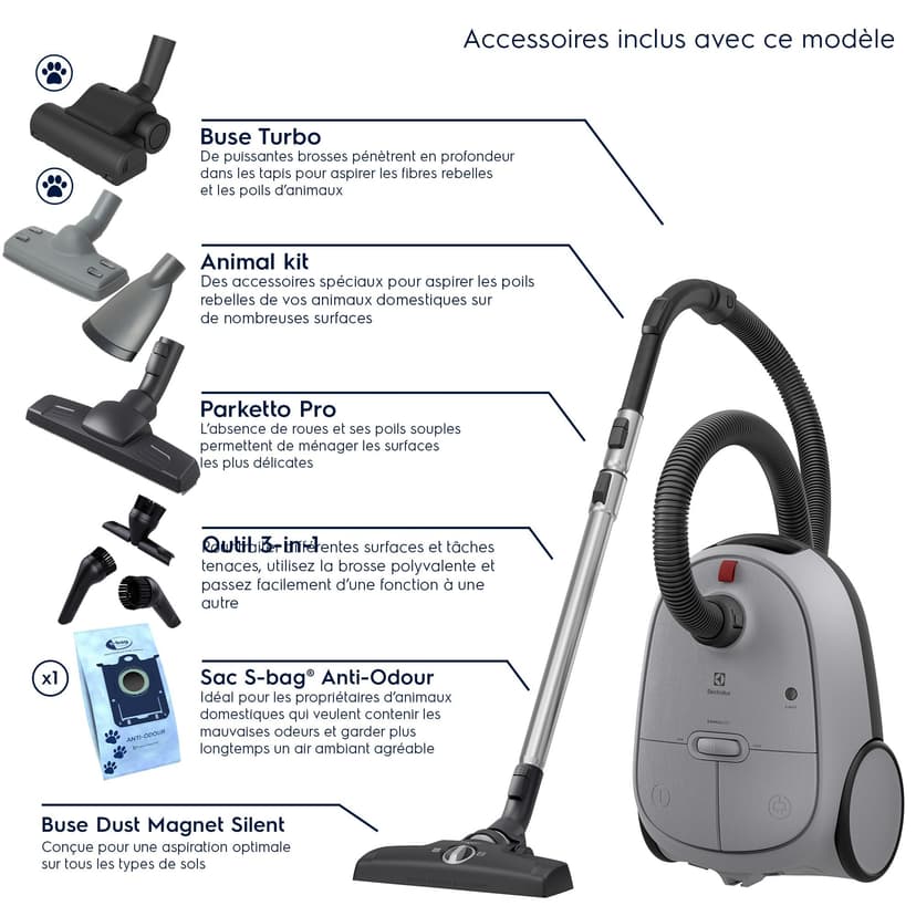 Electrolux 600 Animal, Vacuum Cleaner with Bag, Pet Hair Kit, 50% Recycled Plastic, Hygiene Filter 12 Washable, Cord 12 m XXL, EB61A5UG, Grey - 2