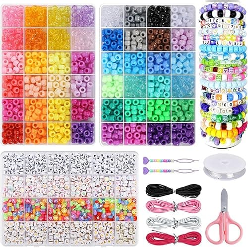 LYMOOR 1900 Pony Beads, Kandi Colourful Beads for Bracelets Set, 1000 Alphabet Beads Jewellery, 20 m Elastic Cord, Large Hole Beads for Threading, DIY Necklaces, Bracelets, Make Your Own Gift